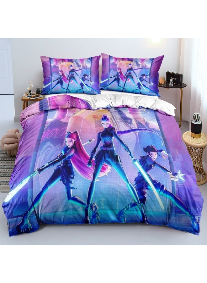 طقم سرير من ثلاث قطع بنقشة كارتون ك-بوب مصنوع من ألياف البوليستر المايكروفايبر الناعمة يشمل الغطاء ووسادتين (المقاس 150 سم × 200 سم) - Image 1